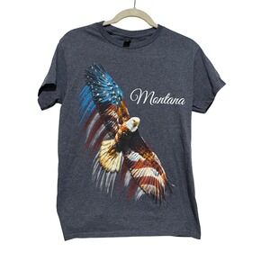 Gildan Montana American Flag Eagle Graphic‎ T-Shirt Mens Small Heather blue